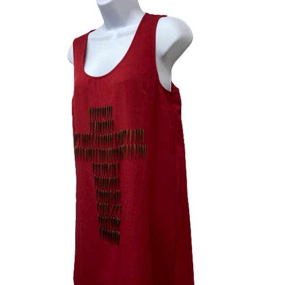 Nameless Red Beaded Cross Sleeveless Cut Out Back Sheath Edgy Mini Dress M - Picture 3 of 11